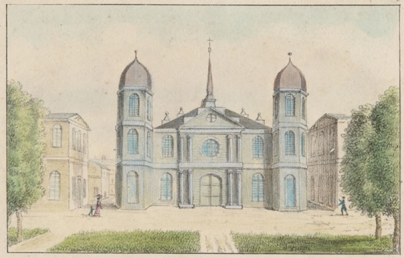 depicts the Church of St. Louis, built after the fire of 1788. Originally completed in 1727, the property is one of the oldest Catholic churches in the country and was dedicated as a cathedral in 1794 during Louisiana&#039;s Spanish period. (THNOC, gift of Boyd Cruise, 1958.55)